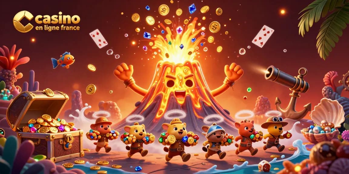 Illustration colorée représentant le volcan doré dans le casino en ligne France, explosant de trésors.