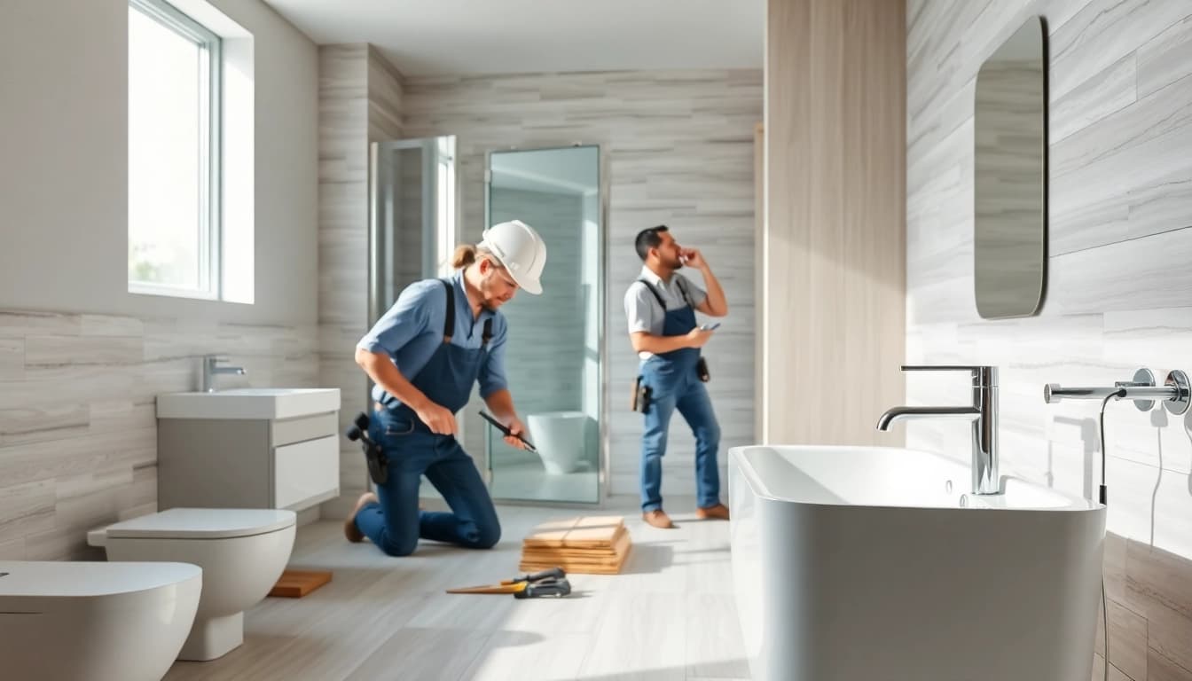 Skilled bathroom builders installing elegant fixtures in a modern bathroom.
