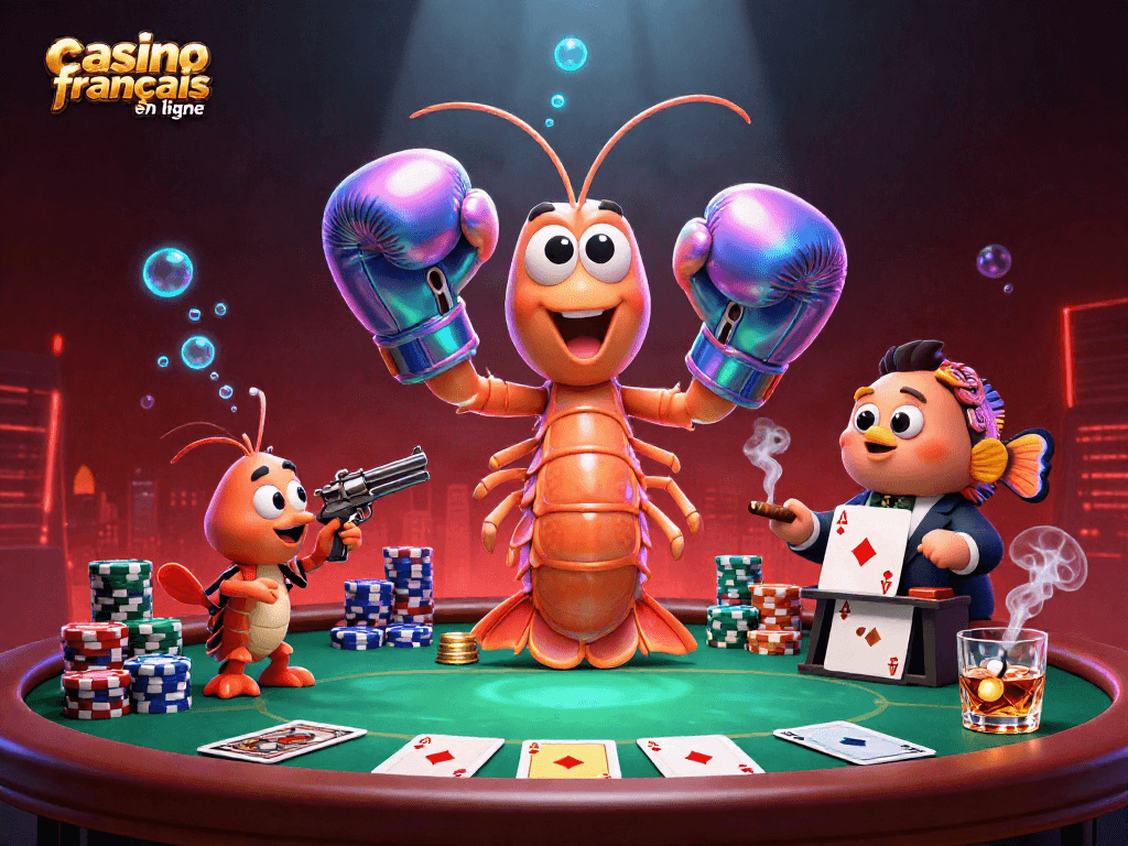 Jouez au casino français en ligne avec des personnages de crevettes et des éléments de poker captivants.