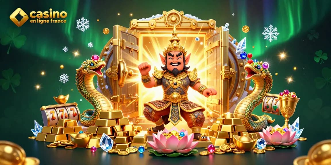 Profitez des jackpots dans un casino en ligne France avec une illustration 3D de gardiens, trésors et symboles gagnants.