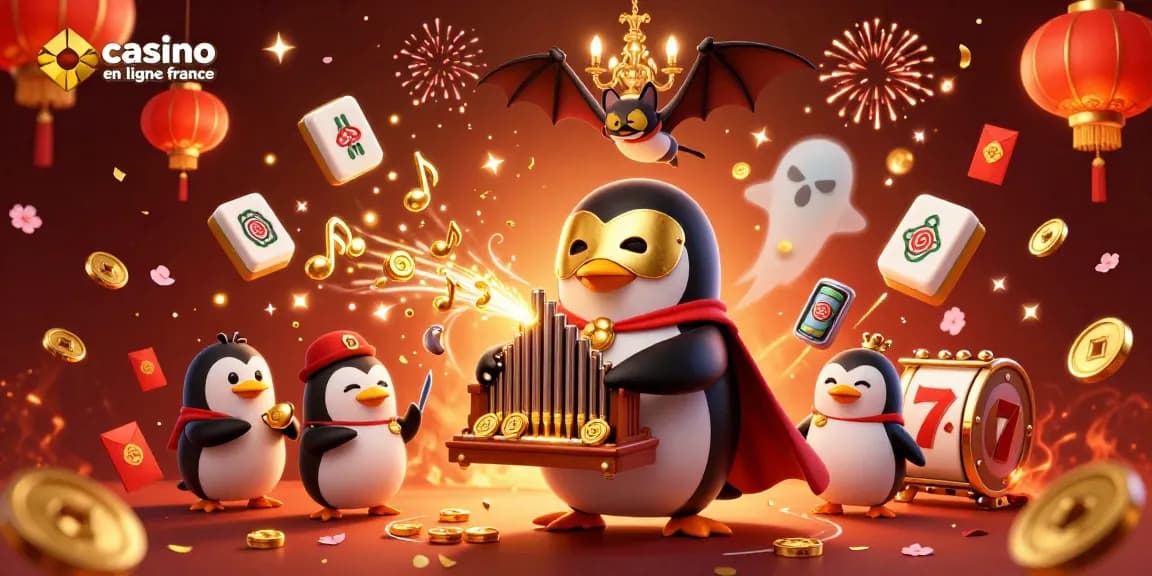 Illustration dynamique présentant le casino en ligne France avec un pingouin opéra en 3D et de nombreuses animations de jeu.