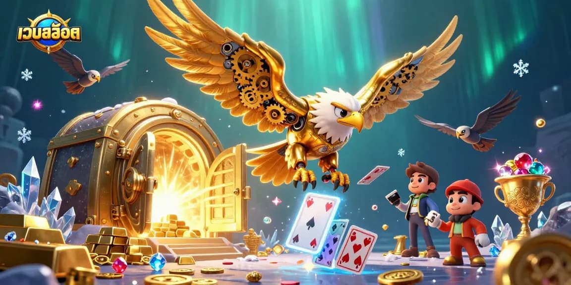 Experience the thrill of เว็บสล็อต with golden treasures and holographic cards in a vibrant 3D scene.
