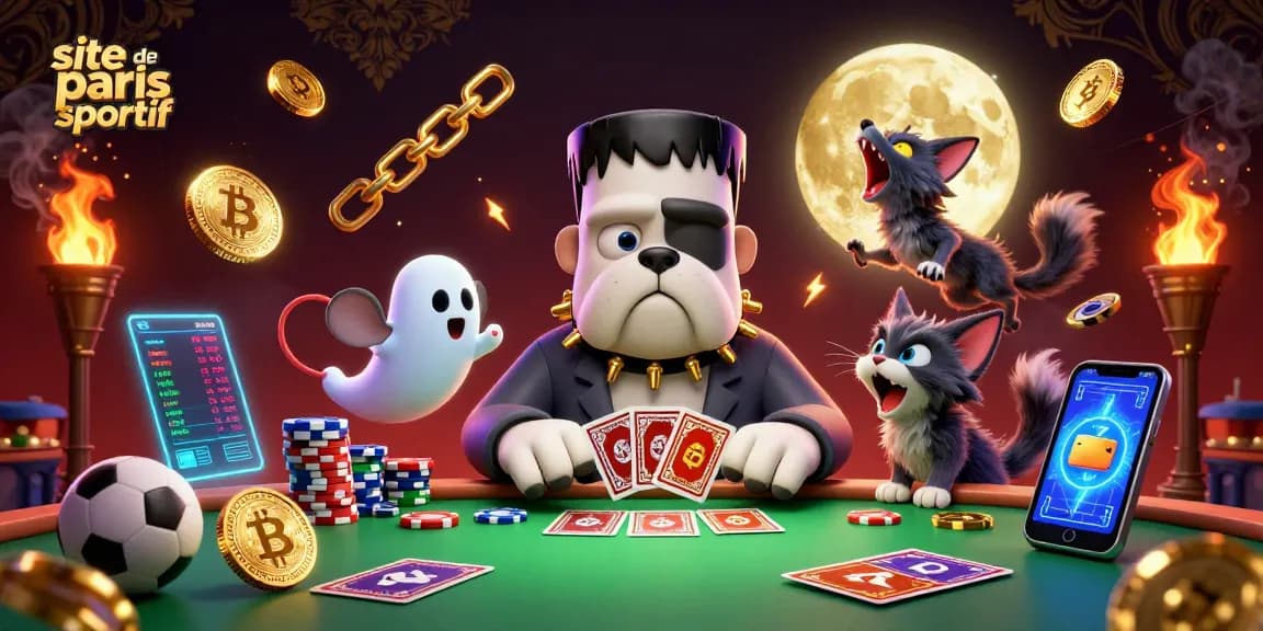 Le site de paris sportif propose une scène animée avec un bulldog Frankenstein et un chat loup dans une ambiance mystique.