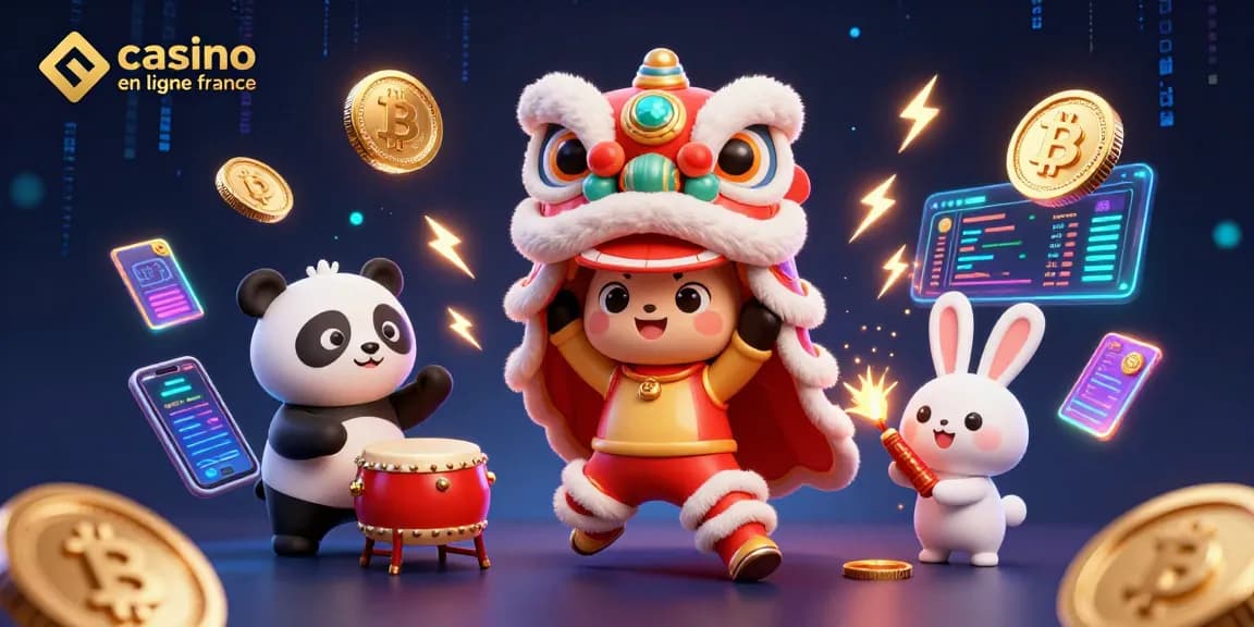 Profitez des jeux passionnants sur le casino en ligne France avec une illustration festive de danse du lion.