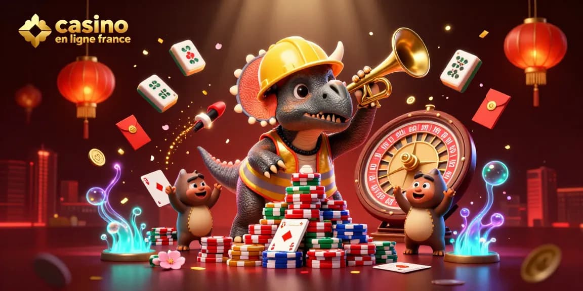 Une illustration 3D colorée où des personnages célèbrent un casino en ligne France dynamique, entourés de jeux de casino.