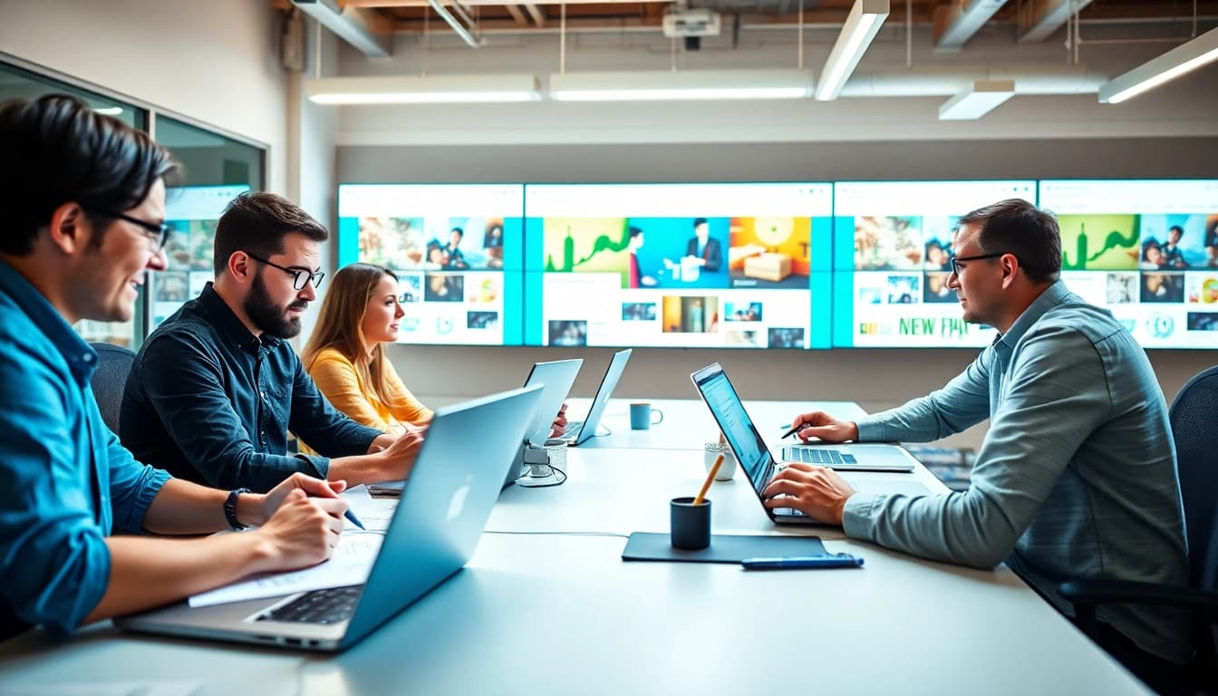 Collaborative team designing an edmonton web design project in a modern office.