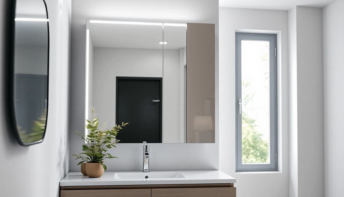 Stylish led bathroom mirror cabinet in a modern bathroom setting reflecting natural light.