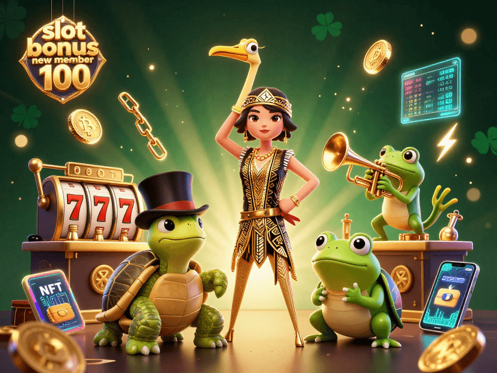 Engage with slot bonus new member 100 in an enchanting casino scene featuring playful characters.