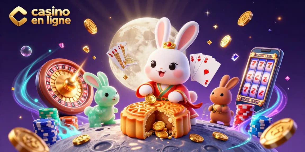 Explorez le casino en ligne avec un lapin lunaire et des jetons de poker scintillants.
