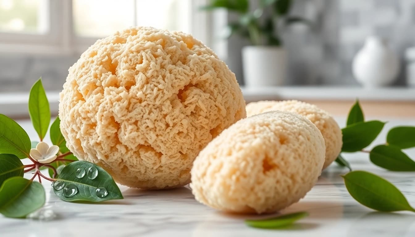 Showcasing a raw loofah sponge on a marble surface, emphasizing its natural texture.