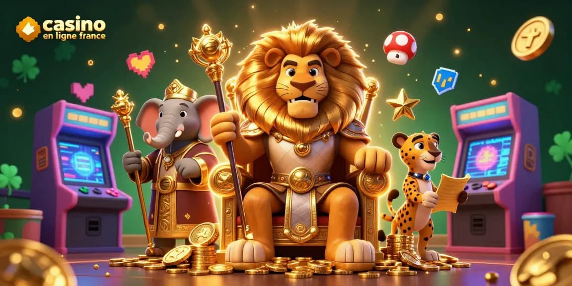 Visitez le casino en ligne en France et découvrez un roi lion majestueux, un éléphant sage et un guépard rapide dans une scène de jeu épique.