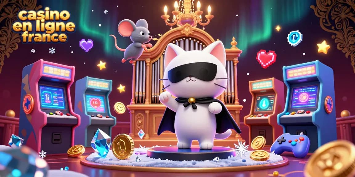 Illustration de casino en ligne France mettant en scène un chat en masque et une souris acrobate avec des éléments de jeux colorés.