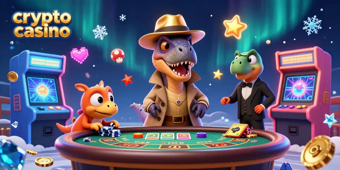 Visitez un crypto casino avec des personnages de dinosaures jouant aux cartes et des machines à sous dynamiques.