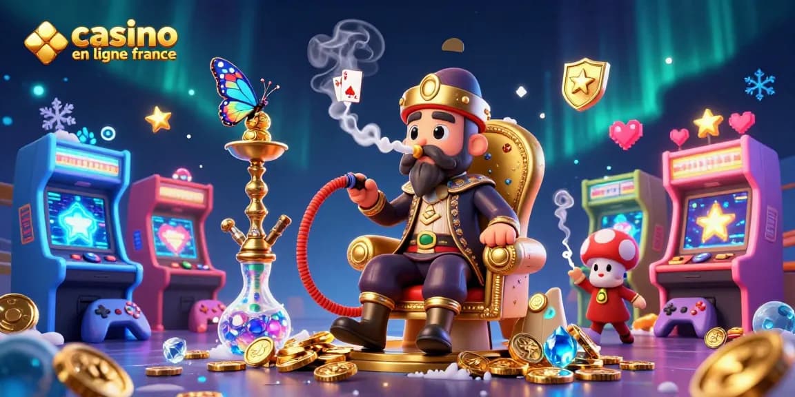 Une scène vibrante illustrant le monde du casino en ligne France avec des personnages colorés et des éléments de jeu captivants.