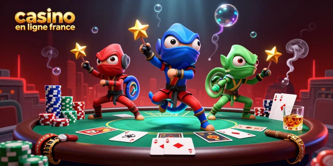 Plongez dans le monde captivant du casino en ligne France avec des ninjas et des jeux de cartes stylisés.