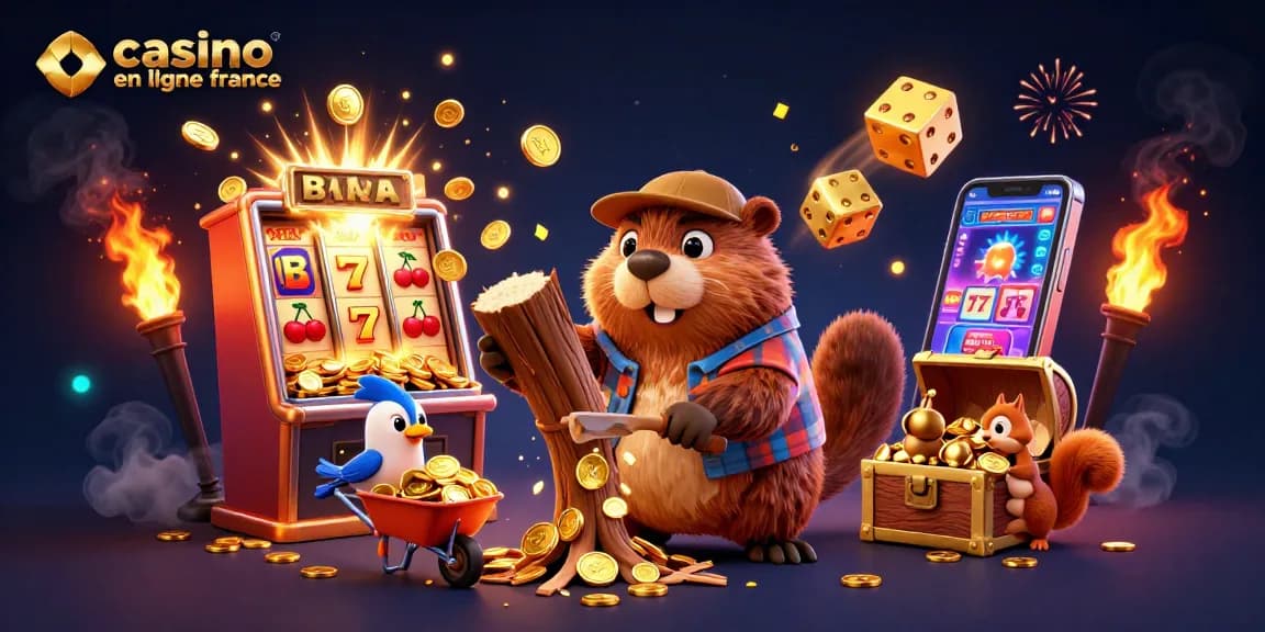 Illustration 3D d'un castor en chemise à carreaux coupant un arbre, récoltant des pièces d'or pour le casino en ligne France.