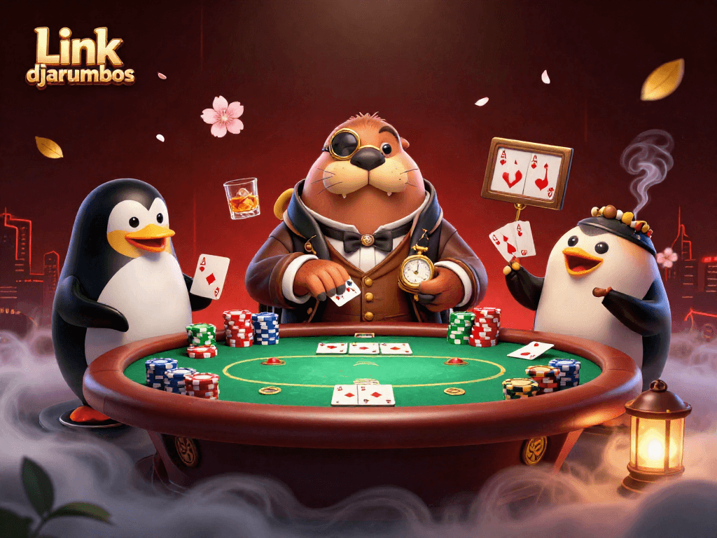 Link djarumbos showcases a delightful poker scene with a walrus, penguin, and pufferfish.