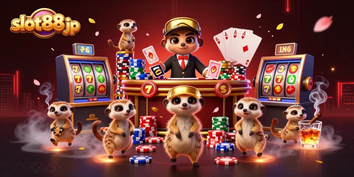 Slot88 jp menampilkan koloni meerkat yang beroperasi di kasino dengan elemen permainan slot yang ramai dan penuh warna.