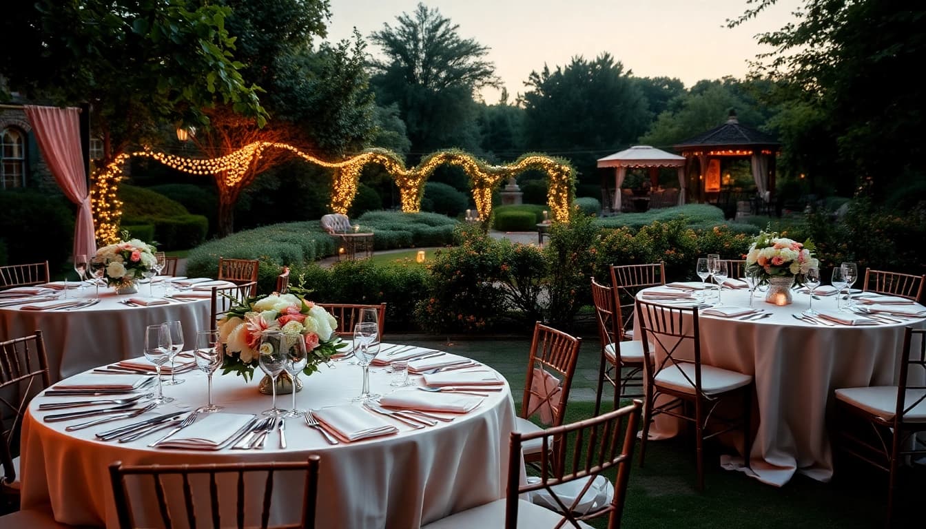 Beautiful wedding setup showcasing Wedding & Event Rentals with elegant tables and floral arrangements in a dreamy garden.