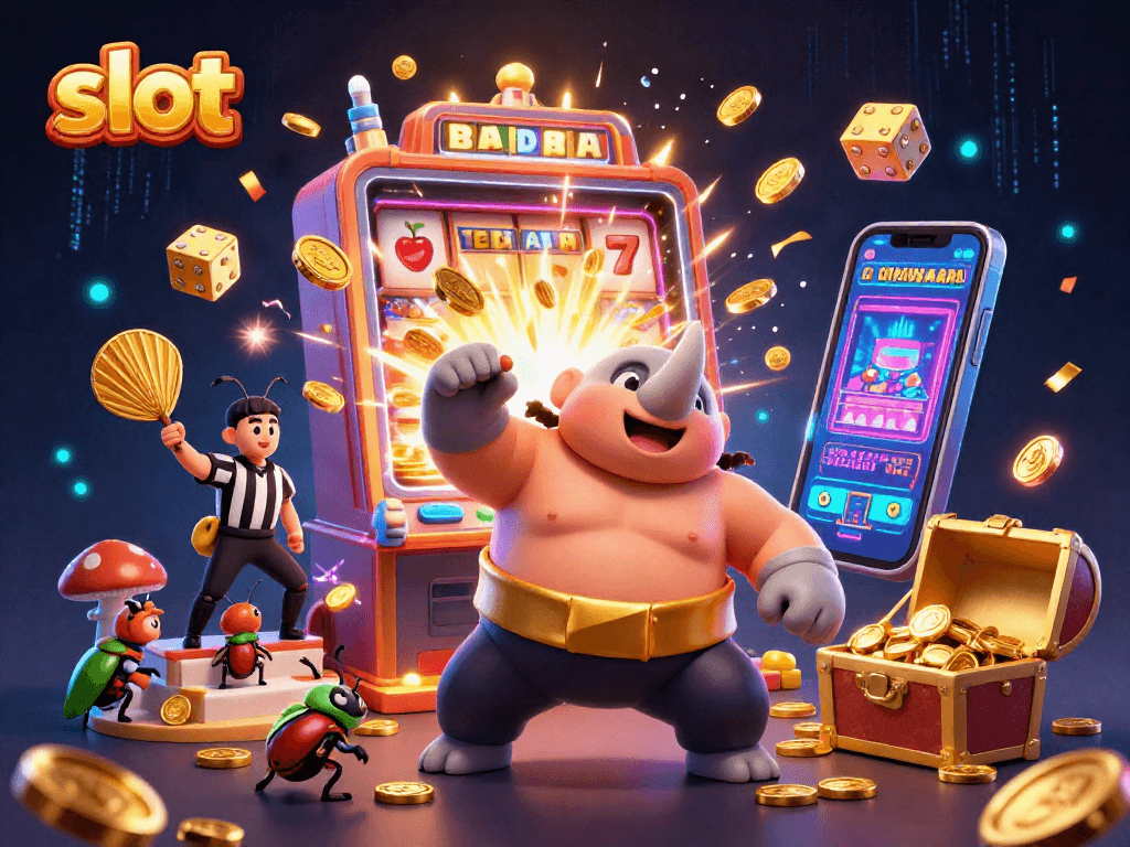 Experience thrilling slot action with a rhinoceros beetle champion amidst jackpot excitement and vibrant casino elements.
