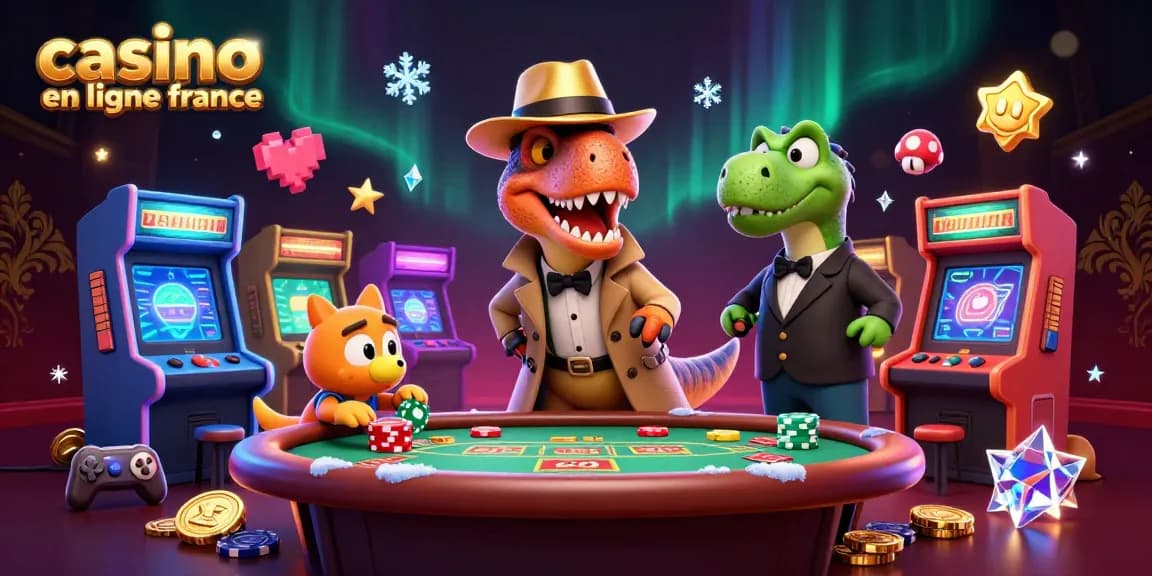 Visuel captivant de "casino en ligne france" avec un vélociraptor en train de compter des cartes à une table de blackjack, entouré d'éléments de jeu colorés.