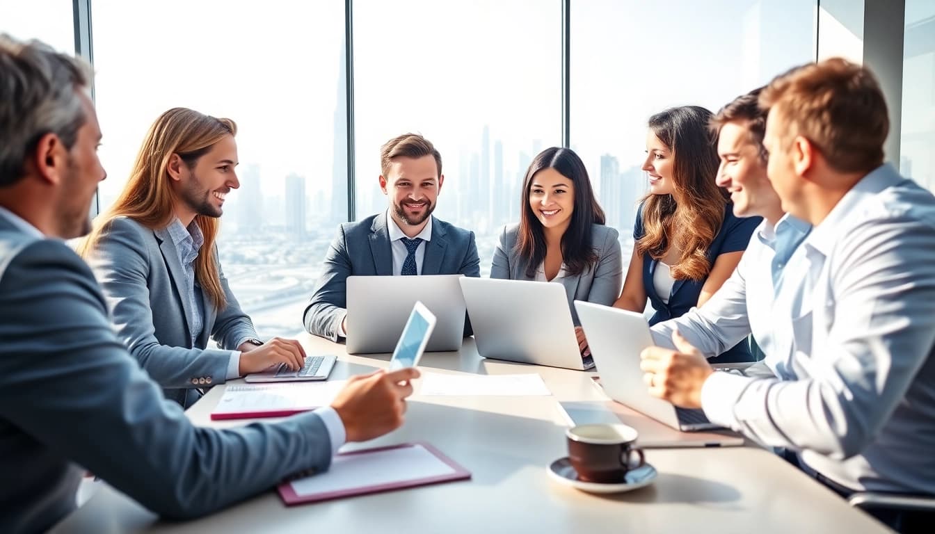 Engaging business consultants in Dubai discuss strategies in a bright, modern office setting.