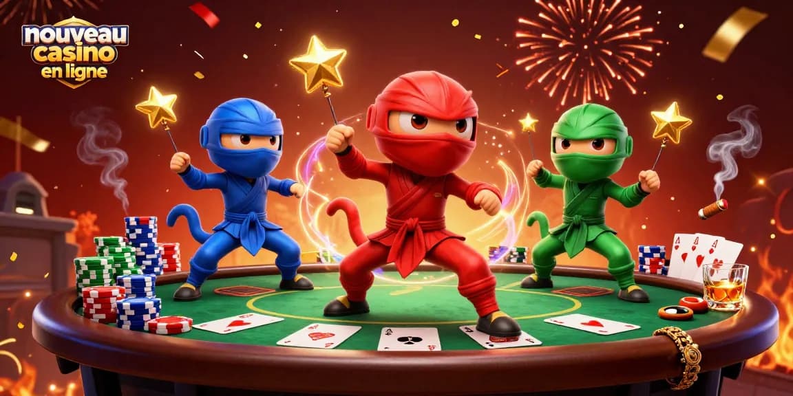 L'illustration d'un nouveau casino en ligne avec des caméléons ninjas et des éléments de poker vibrants
