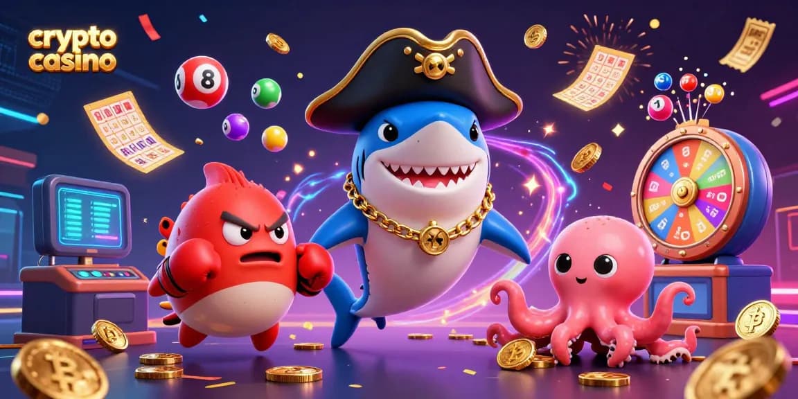 Plongez dans l'univers du crypto casino avec ce requin pirate 3D, un poisson-globe furieux et une pieuvre mignonne entourés de pièces de monnaie.