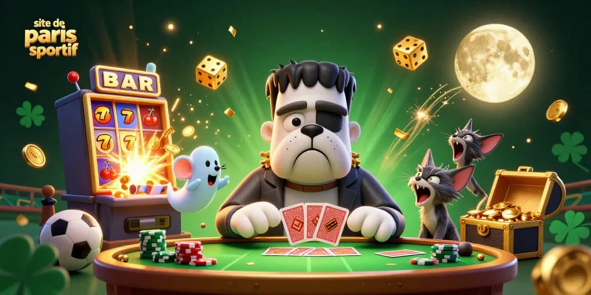 Illustration dynamique de site de paris sportif avec bulldog Frankenstein et éléments de casino.