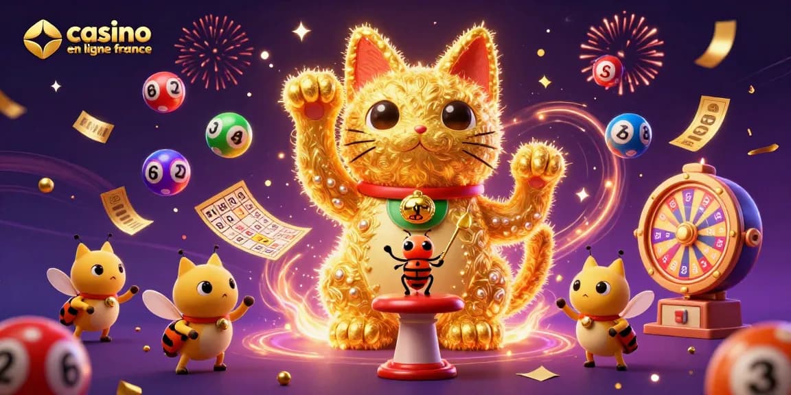 Visitez le casino en ligne France avec une scène animée de feu follet dorés et un chat porte-bonheur.