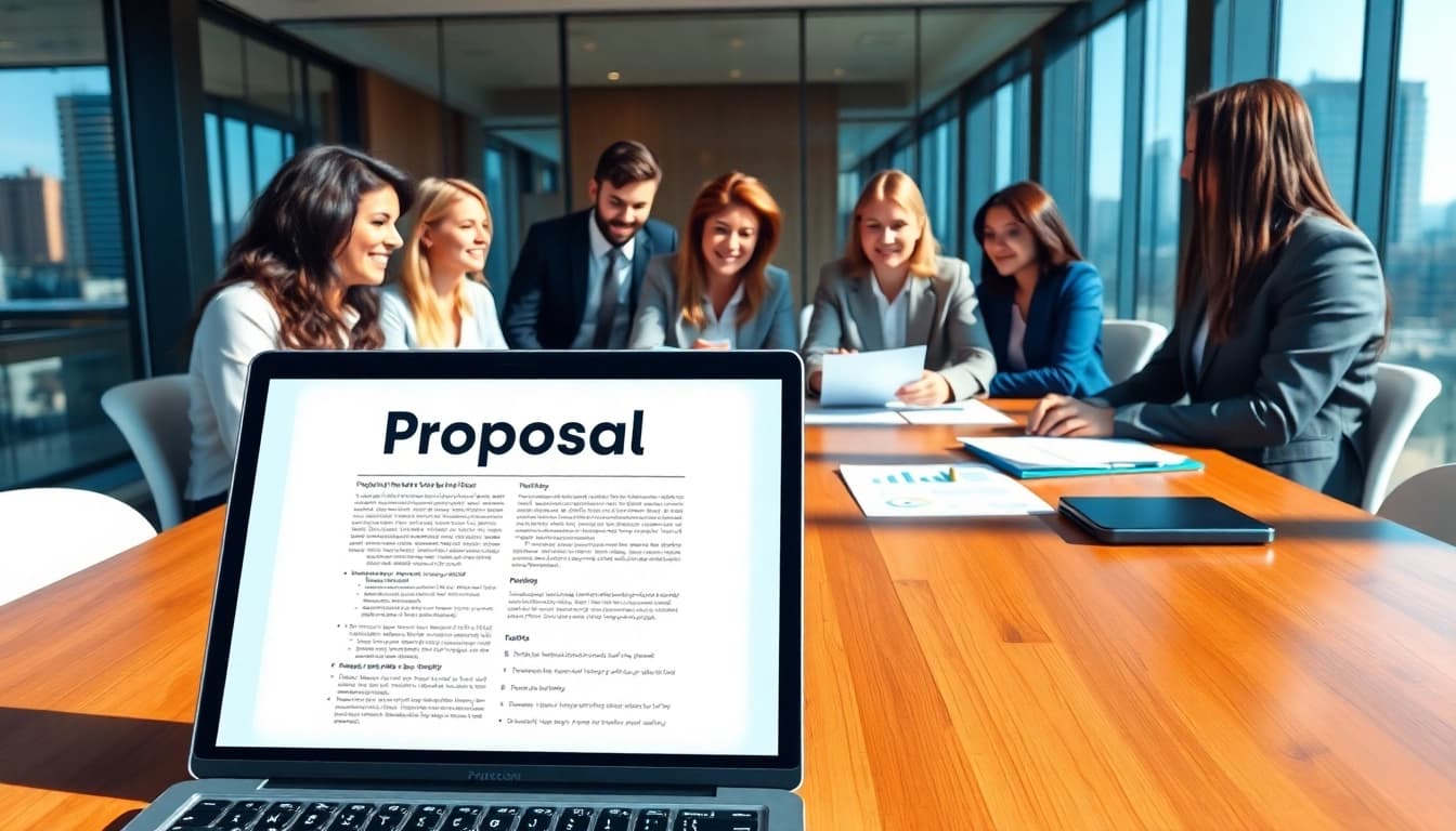 Dynamic team in a collaborative session on Proposal Writing and Management, showcasing diverse professionals.