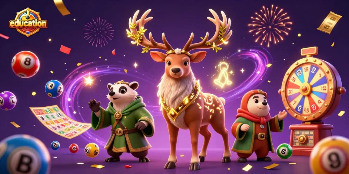 Engage with education elements in a vibrant casino scene featuring a druid stag and badger.