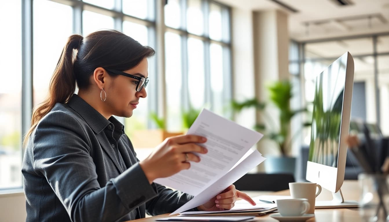 No hassle warranty claims process with a focused individual reviewing documents in a modern office setting.