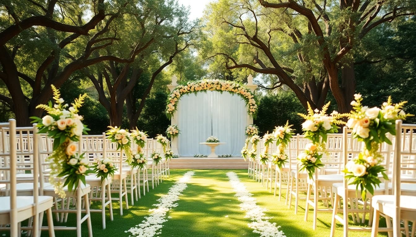 Transform the Wedding Event Space Jacksonville with a stunning garden ceremony setup and floral details.
