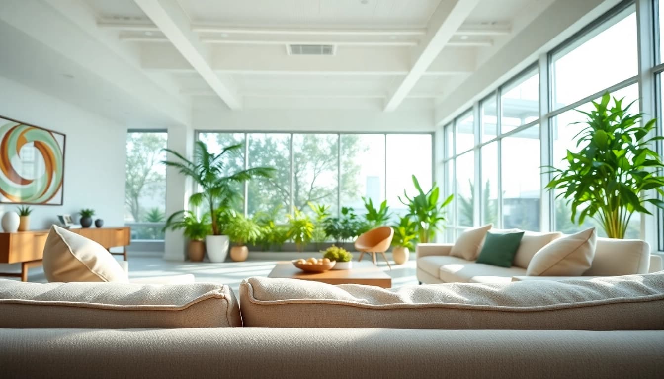 Experience Seamless Living in a stylish, tranquil interior with a cozy lounge and natural elements.