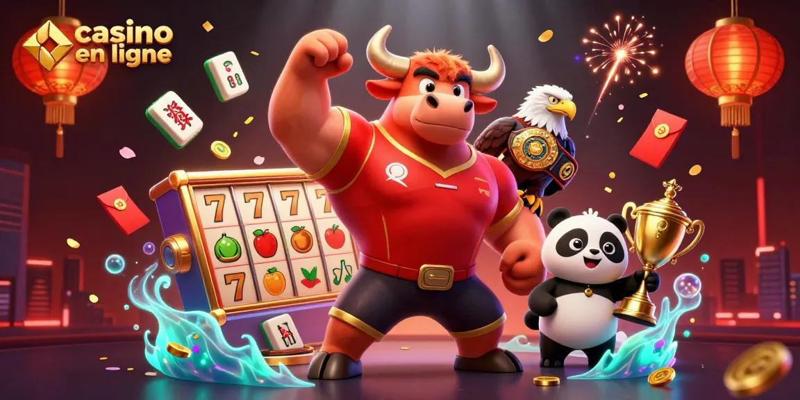 Jouez au casino en ligne avec cette illustration d'un taureau triomphant et une ambiance festive.