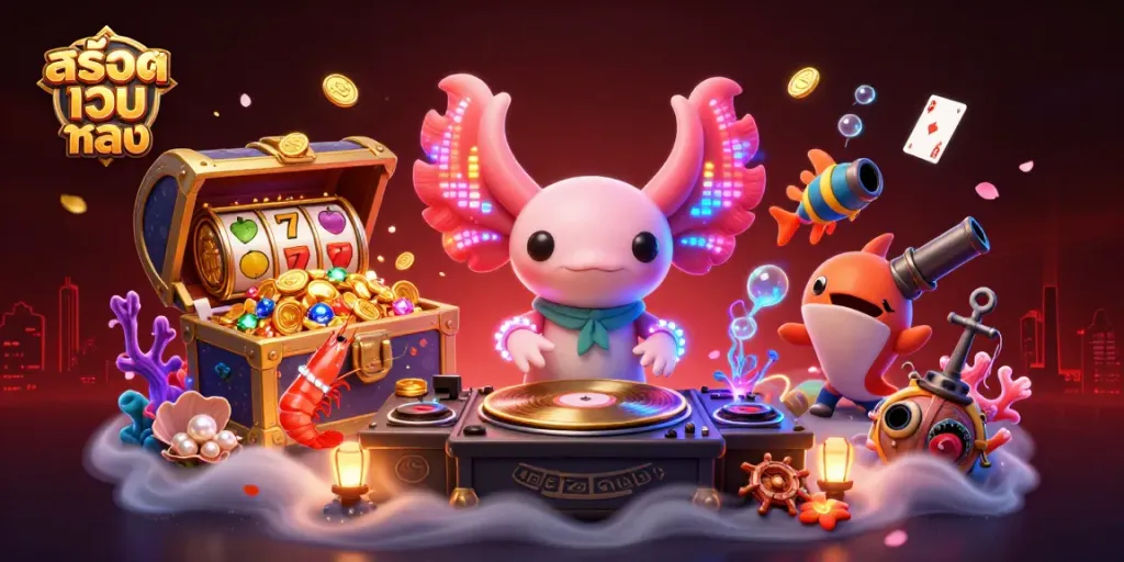 สล็อตเว็บ ตรง นำเสนอภาพกราฟิก 3D สดใสที่รวม DJ, กุ้งเต้น และปลาที่กำลังเบตซ์