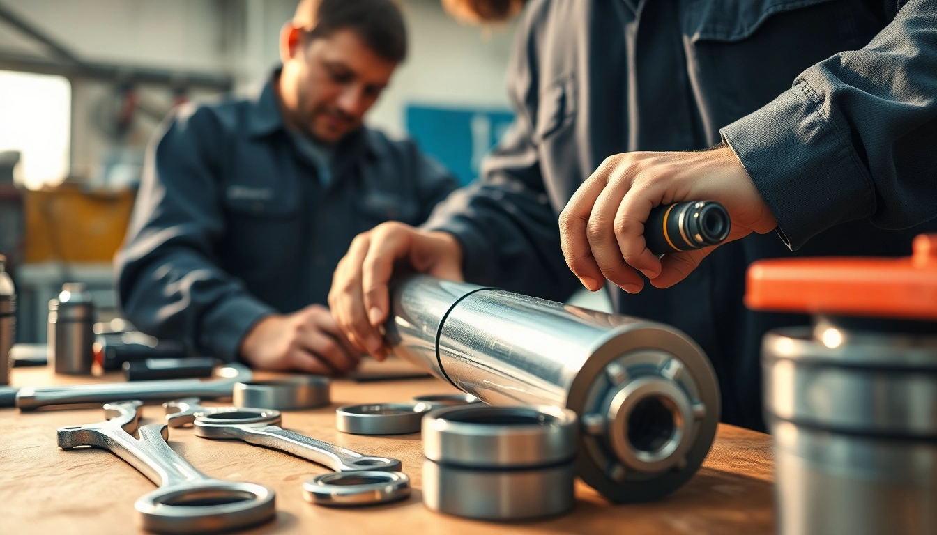 Technician performing hydraulic cylinder repair with precision tools in a well-lit workshop.