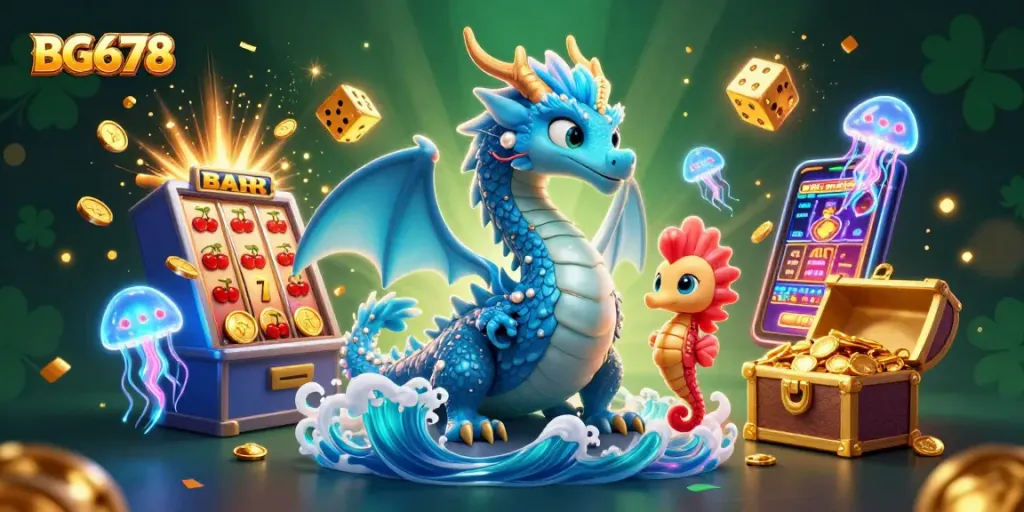 Engage with the vibrant BG678 scene featuring an azure dragon, seahorse knight, and glowing jellyfish amid a jackpot explosion.
