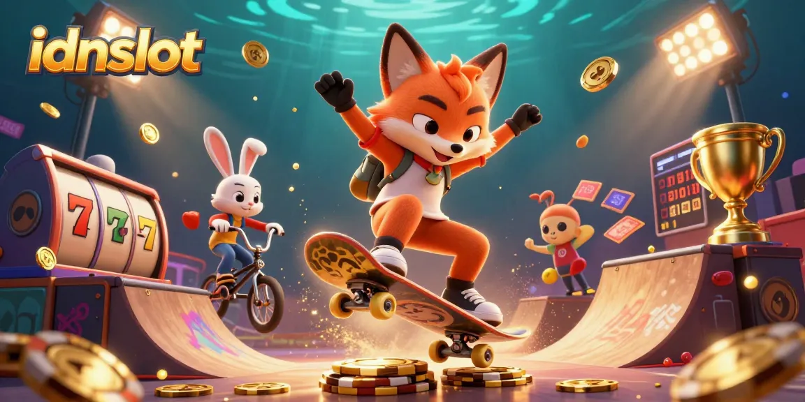Engage with idnslot illustrations showcasing a skateboarder fox and BMX rabbit in a vibrant casino scene.