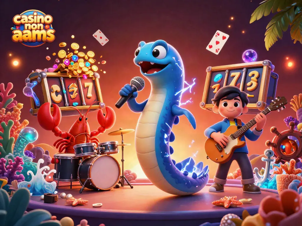 Il casinò non AAMS offre un'esperienza ludica avvincente con un'illustrazione di un'anguilla DJ che si esibisce in un palcoscenico sottomarino.