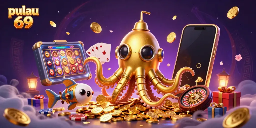 Engage with pulau 69's vibrant slot games, showcased in a dynamic underwater scene with gold coins and characters.