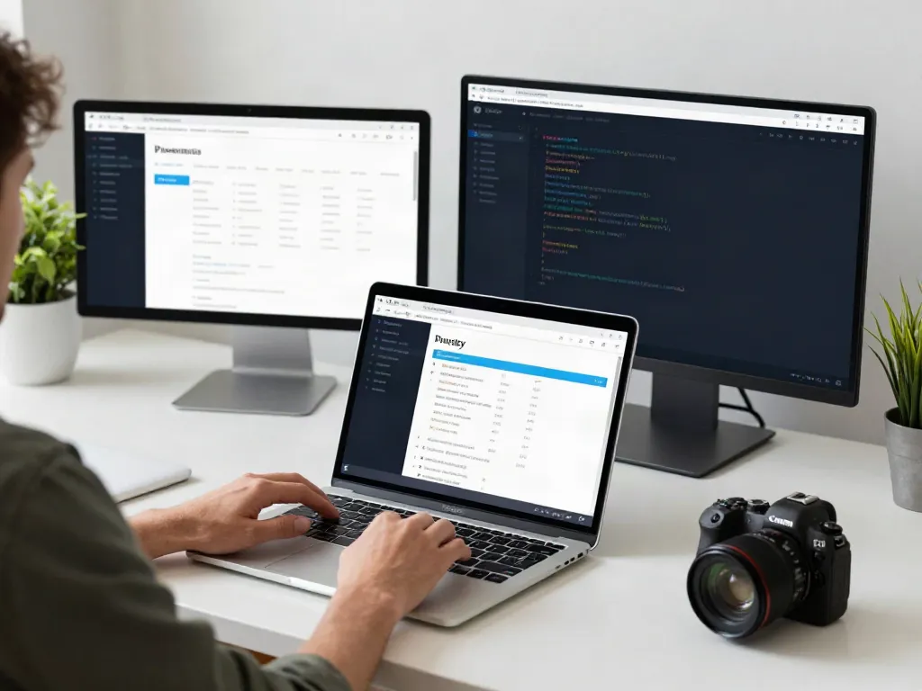 Tech user exploring brave浏览器 on a sleek laptop in a modern workspace.