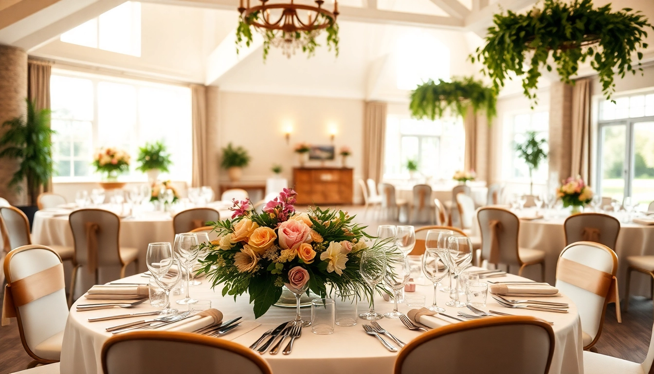 Stowe Venue Hire showcasing an elegant event setup with bright lighting and floral decorations.
