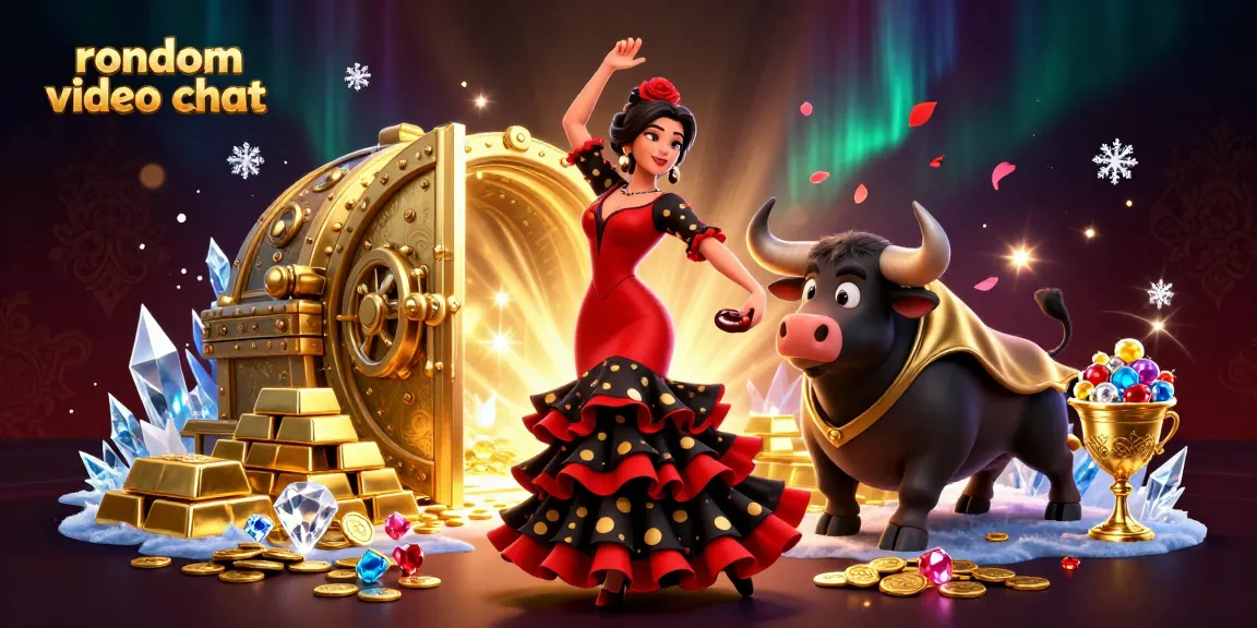 Engage in random video chat with vibrant casino elements featuring a flamenco dancer and fighting bull.