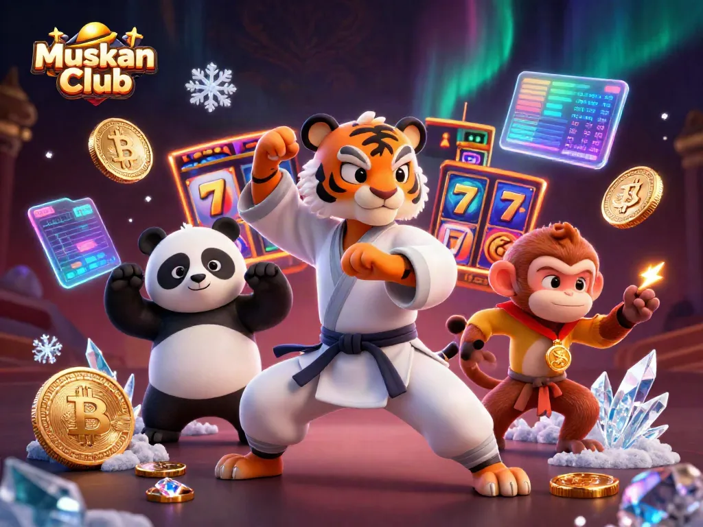 Experience the thrilling gameplay at Muskan Club with vibrant slot reels and cartoon characters in action.