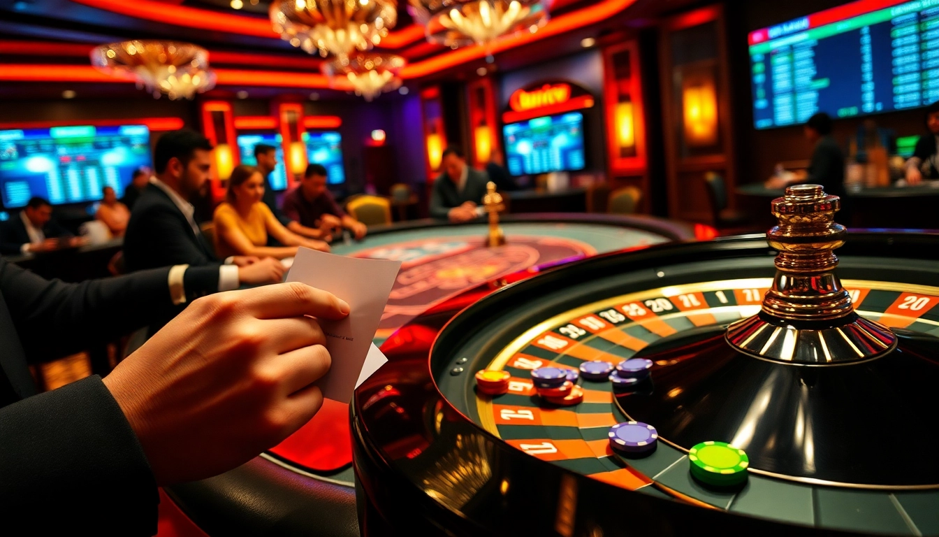 Exciting Taruhan bola action at a high-stakes casino table with colorful bets and players.