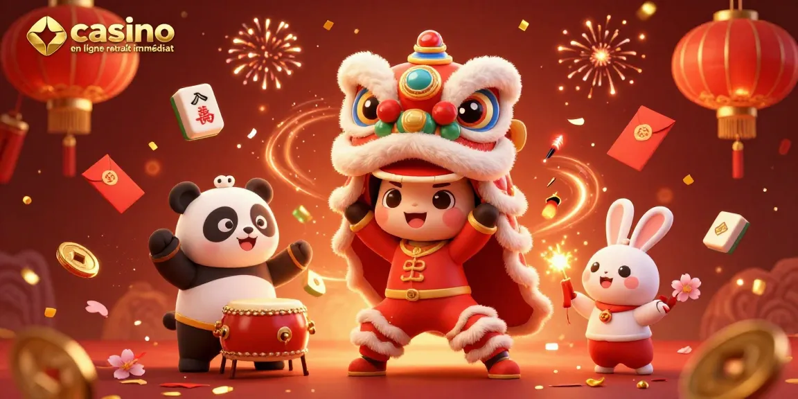 Illustration d'un lion dansant, panda et lapin éclairant des feux d'artifice pour un casino en ligne retrait immédiat