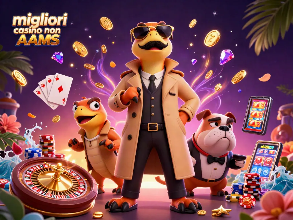 Giocare nei migliori casino non AAMS con raptors divertenti nel VIP lounge e monete d'oro sparse.