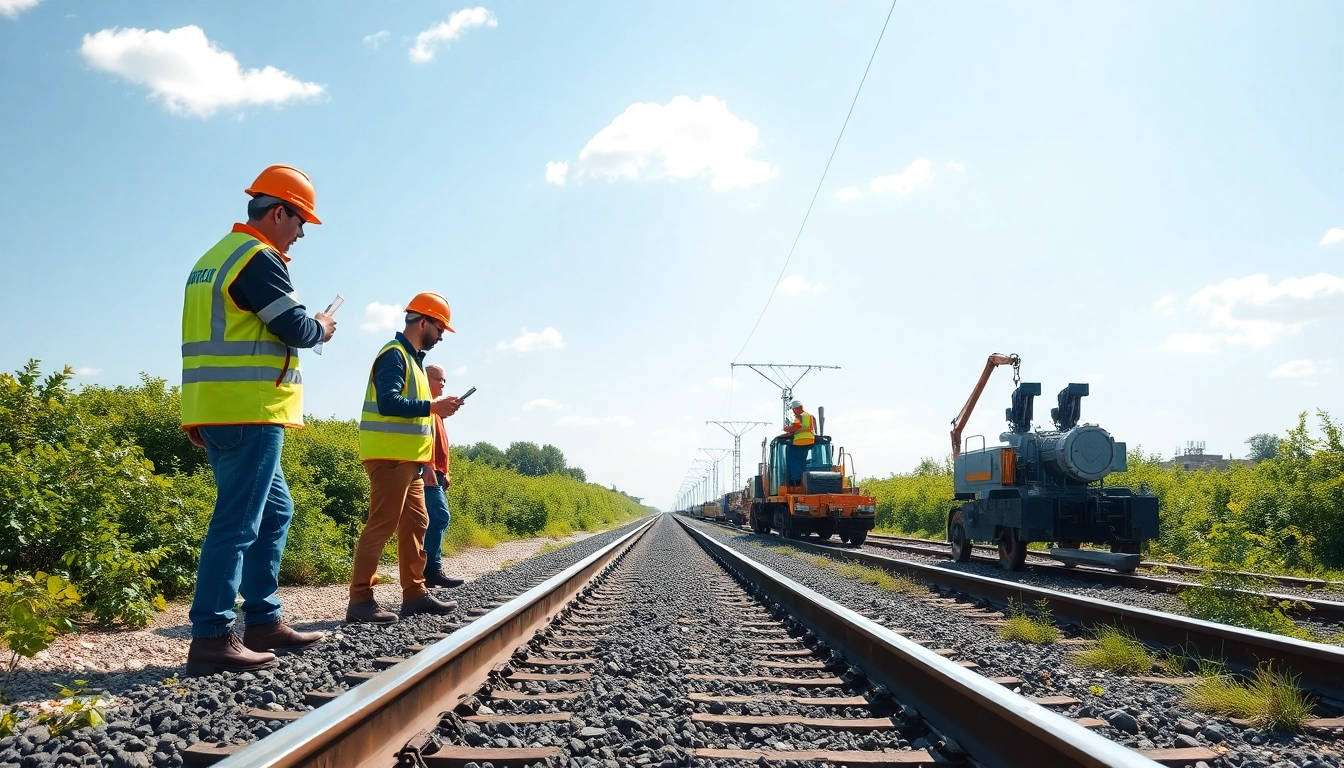Railroad Contractors Near Me inspecting newly laid tracks in a vibrant construction scene.
